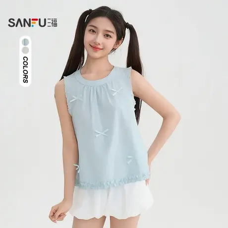 三福短衬衫2025夏季蝴蝶结圆领花边宽松无袖上衣女装505058图片