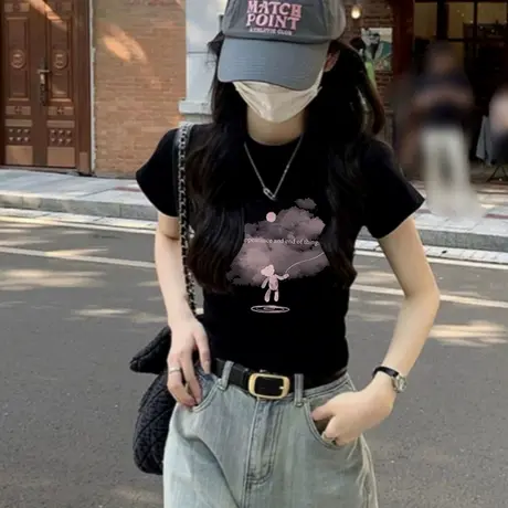 潮牌黑色短款t恤女装2025年新款修身正肩短袖辣妹印花洋气上衣服商品大图