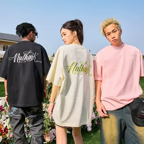 Nuthink潮牌刺绣字母短袖美式复古T恤宽松嘻哈半袖男女2025夏新款图片