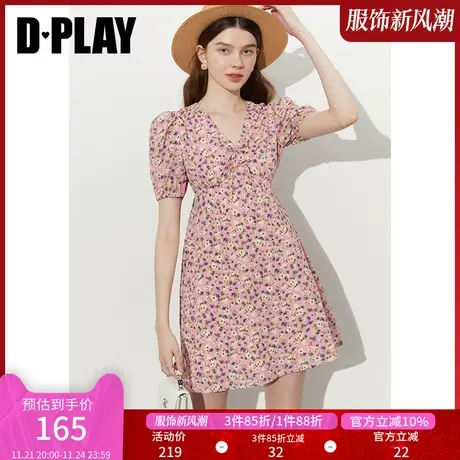 DPLAY夏新ins度假风蜜粉碎花V领系带蝴蝶结印花连衣裙商品大图