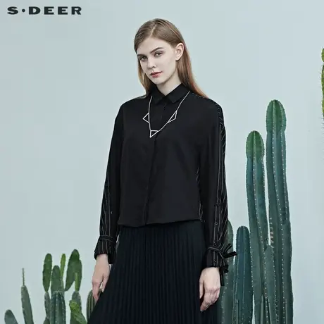 sdeer圣迪奥秋季翻领条纹拼接系带长袖通勤黑色衬衫女S20360504图片