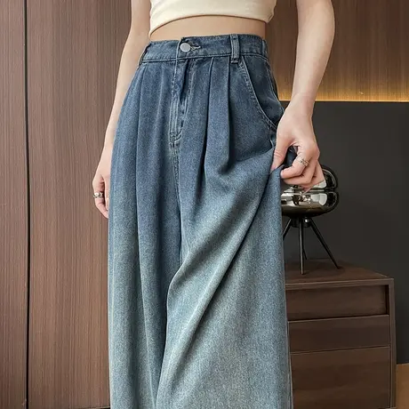 天丝阔腿牛仔裤女2025新款春秋薄款高腰宽松显瘦窄版复古直筒长裤商品大图
