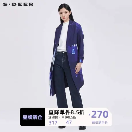 sdeer圣迪奥女装翻领涂鸦印花不规则长款风衣S22181812🗿商品大图