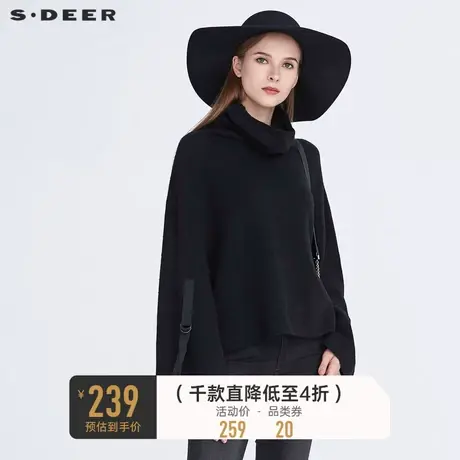 sdeer圣迪奥织带拼接纯黑落肩高领套头宽松针织衫毛衣女S20483532图片