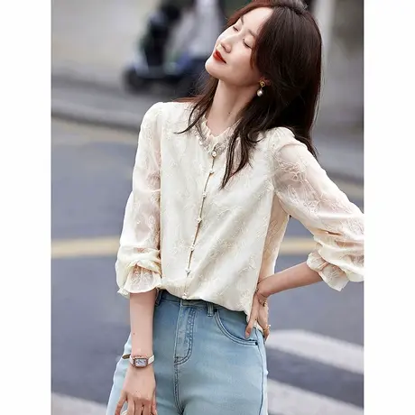 时尚气质长袖衬衫2025年春季新款女花边领百搭温柔淑女刺绣上衣商品大图
