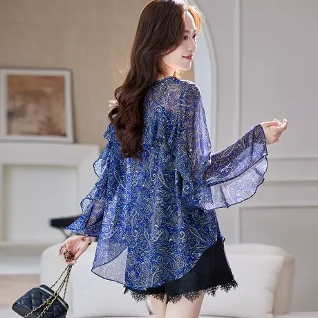 宝诗黎圆领印花镂空雪纺衫2025夏季时尚宽松气质百搭减龄洋气小衫图片