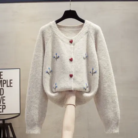 手工花圆领毛衣外套女2025春秋新款宽松慵懒风外穿上衣厚针织开衫商品大图