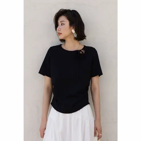 弥古黑色镂空上衣小众不撞款短袖法式休闲t恤女夏季修身显瘦上衣图片