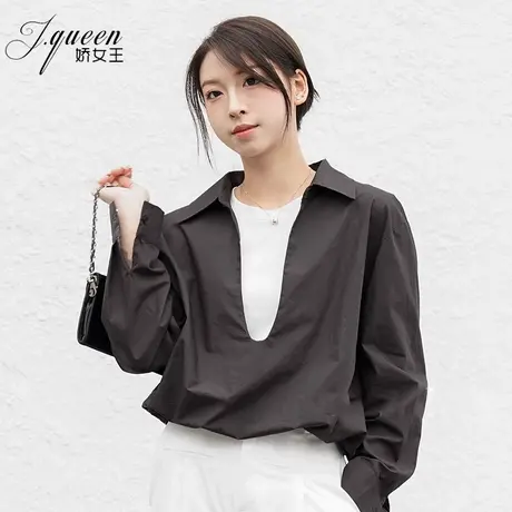 2024年秋季新款法式气质撞色假两件衬衫女深V领衬衣宽松显瘦时尚图片