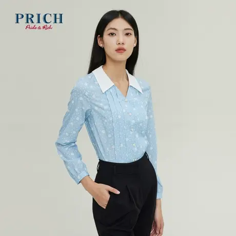 【超能小太阳严选】PRICH设计感撞色衬衫气质V领印花减龄上衣女图片