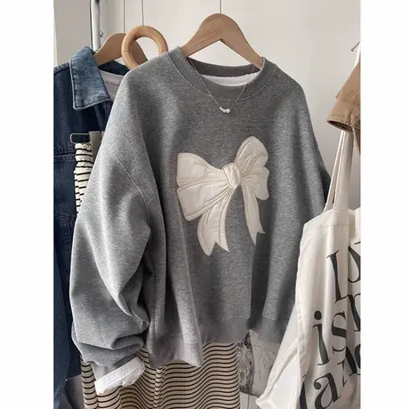 重工蝴蝶结刺绣圆领长袖卫衣女春秋韩版宽松设计感小众薄款上衣服图片