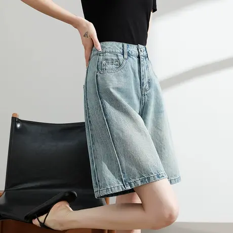 五分牛仔短裤女夏季薄款高腰宽松阔腿显瘦直筒百搭复古蓝色中裤子图片