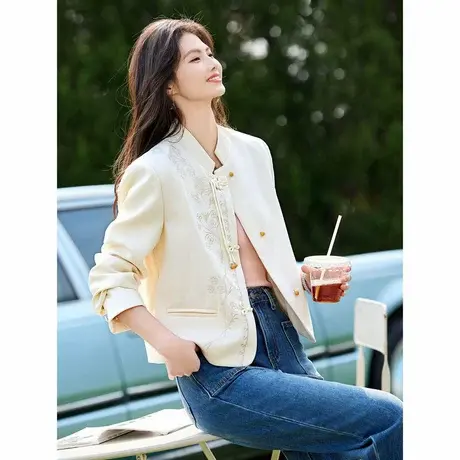 时尚气质外套春季新款女百搭温柔简约国风短款半高领上衣图片