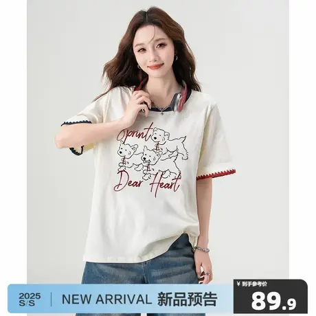 唐狮2025年夏季新款短袖T恤女设计感小狗拼色刺绣花边袖口小个子商品大图