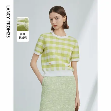 朗姿格子短袖宽松圆领毛针织衫2024夏季新款薄款打底内搭女士上衣商品大图