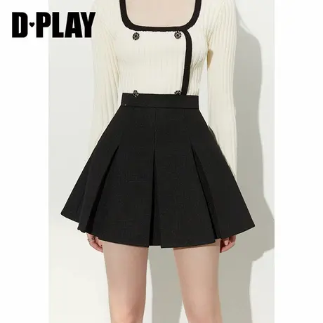 DPLAY学院风经典黑简约高腰百褶裙防走光裤里半身裙短裙商品大图