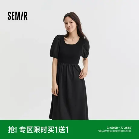 森马连衣裙女泡泡袖修身气质温柔夏季百搭拼接收腰肌理中长裙优雅商品大图