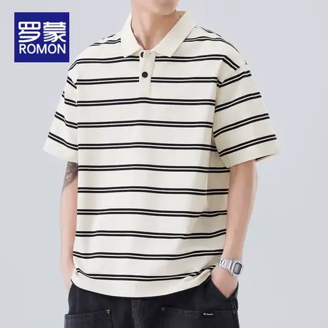 罗蒙男士短袖Polo衫夏季薄款2025新款宽松休闲翻领条纹上衣T恤男图片