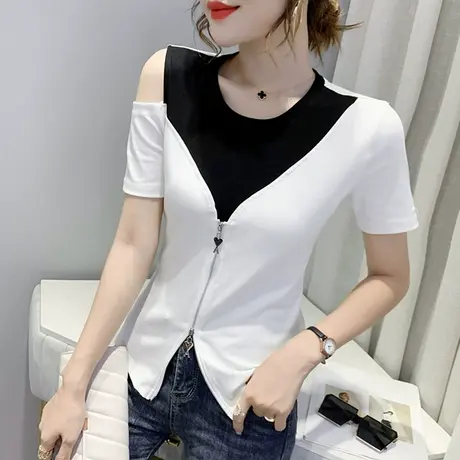 拉链开叉T恤女短袖夏设计感小众撞色上衣洋气显瘦露肩体恤半袖潮商品大图