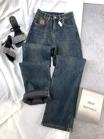 皮牌加绒加厚牛仔直筒裤2023冬季新款显瘦百搭高腰小宽松阔腿长裤图片