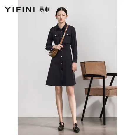 Yifini/易菲收腰显瘦衬衫领连衣裙通勤工装风女裙子中长款小黑裙商品大图