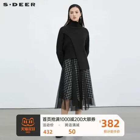 sdeer圣迪奥女装高领格纹网纱针织两件套连衣裙S223Z1434👽商品大图