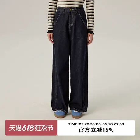 omont蛋挞家 复古原色磨毛阔腿牛仔裤冬高腰宽松显瘦直筒裤子商品大图