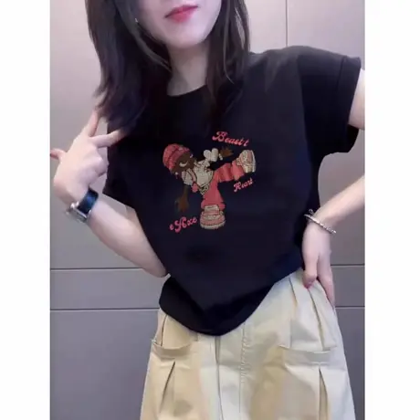 欧洲站黑色短袖t恤女2025年新款人偶印花欧货潮牌修身短款上衣ins商品大图