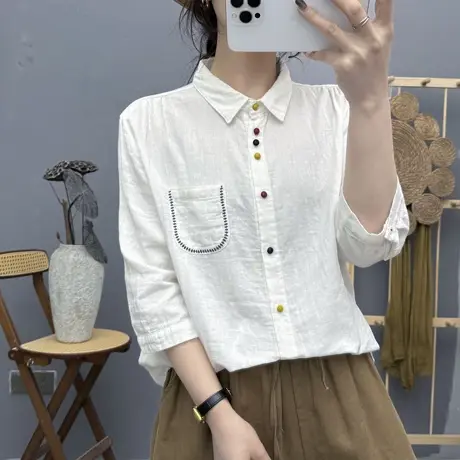 日系双层棉纱五分袖衬衫女夏装法式彩色纽扣漂亮别致纯棉中袖上衣商品大图