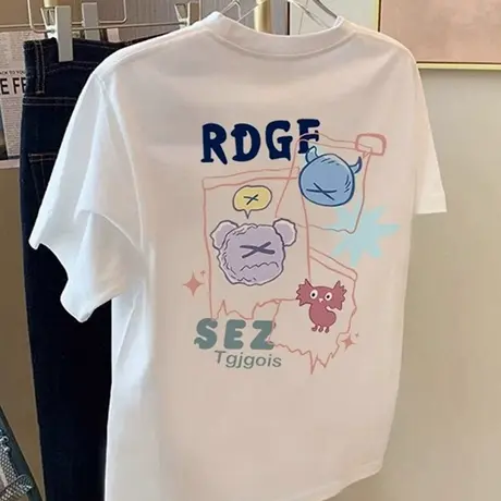 2025夏季新款卡通印花白色纯棉短袖t恤女宽松百搭小个子减龄上衣商品大图