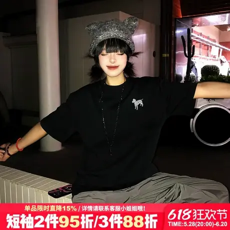 美式街头风潮牌斑点狗印花黑色短袖t恤女大版显瘦重磅半袖上衣夏商品大图