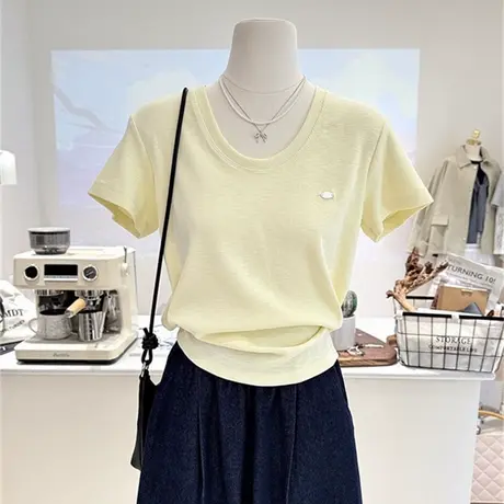 简约纯色U领正肩短袖T恤女夏季2025新款修身打底衫韩版内搭上衣潮图片