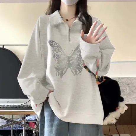 国潮Polo领大码卫衣女春秋2024新款爆款半拉链设计感ins无帽外套商品大图