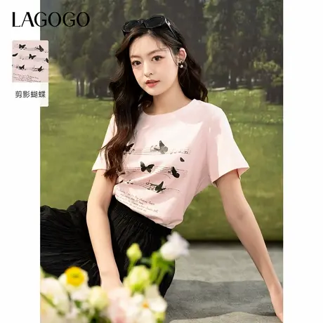 LAGOGO蝴蝶印花舒适粉色淡人T恤女拉谷谷2025年夏季新款宽松短袖图片