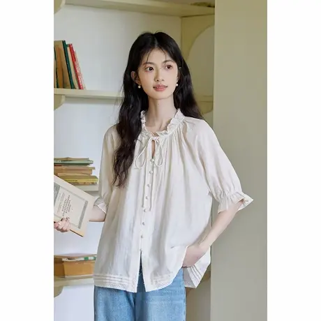 弥古法式衬衣高级感泡泡袖上衣女2025夏季宽松短袖木耳边蕾丝衬衫商品大图