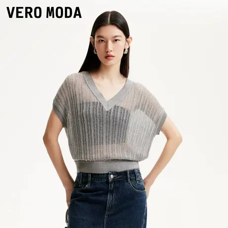 Vero Moda奥莱针织短袖女2025夏季新款亮丝后背镂空V领个性上衣商品大图