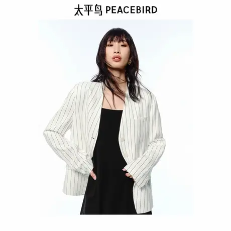 商场同款太平鸟亚麻提花黑白条纹无领西装外套女夏新款A1BAF2195图片