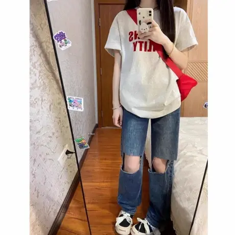 花灰色纯棉重磅字母印花短袖t恤新款夏季宽松半袖小众设计感上衣商品大图