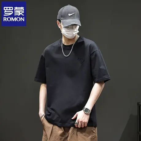罗蒙潮牌男士纯棉简约T恤2025夏季新款百搭宽松圆领短袖上衣男N1Z图片