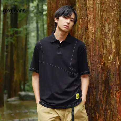 清仓gxgjeans男装夏季短袖POLO衫潮流明线街头风休闲宽松T恤男潮图片
