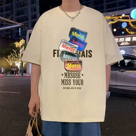 短袖T恤男夏季2025新款休闲美式圆领体恤重磅纯棉宽松半袖上衣服图片