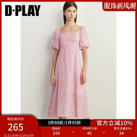 DPLAY夏新度假风桃粉碎花泡泡袖方领胸部分割抽褶印花连衣裙商品大图