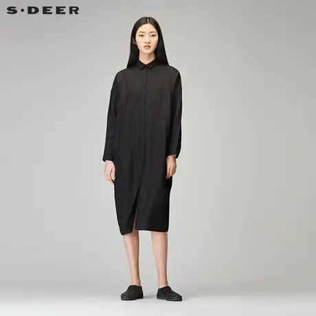 sdeer 圣迪奥气质小方领对称斜插口袋长款直筒衬衫S18180519图片