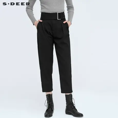 sdeer圣迪奥冬季时尚休闲复古腰带拼接黑色九分裤女S20480833图片