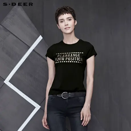 sdeer圣迪奥女装夏装个性圆领立体字母撞色印胶短袖T恤S19280112图片
