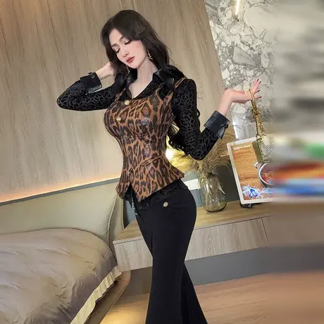 VJE欧美豹纹仿PU别致修身马甲春季新款时髦显瘦多穿上衣商品大图