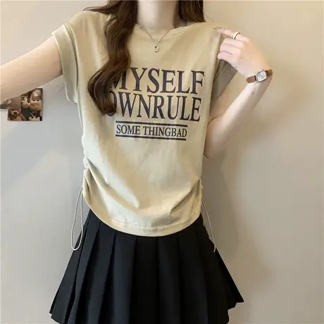 美式复古短袖T恤女夏天韩版宽松打底衫抽绳设计感夏装短款上衣潮图片