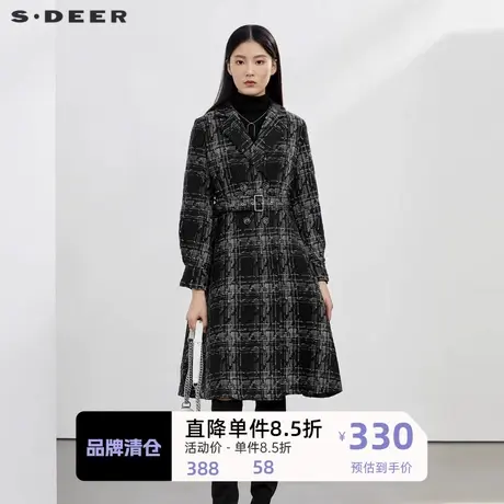 sdeer圣迪奥女装西装领格纹泡泡袖长款大衣S223Z1859🗽商品大图