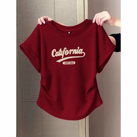 酒红色正肩褶皱圆领短款上衣女夏季新款美式复古纯棉修身短袖T恤图片