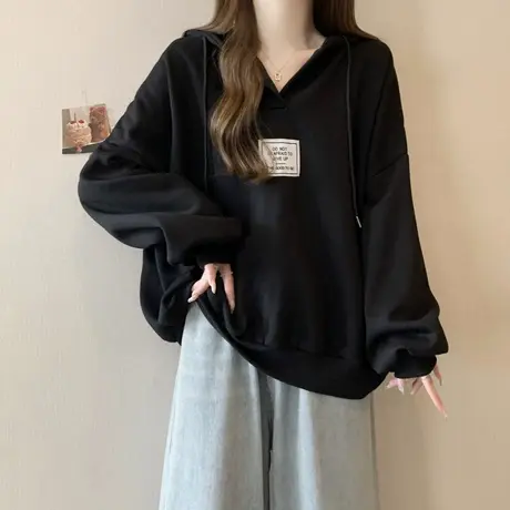 bf慵懒风连帽V领卫衣女春秋季韩版薄款宽松大码学生上衣外套ins潮图片